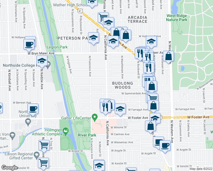 map of restaurants, bars, coffee shops, grocery stores, and more near North California Avenue & West Balmoral Avenue in Chicago