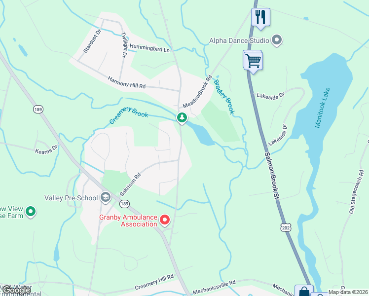map of restaurants, bars, coffee shops, grocery stores, and more near 43 Wells Road in Granby