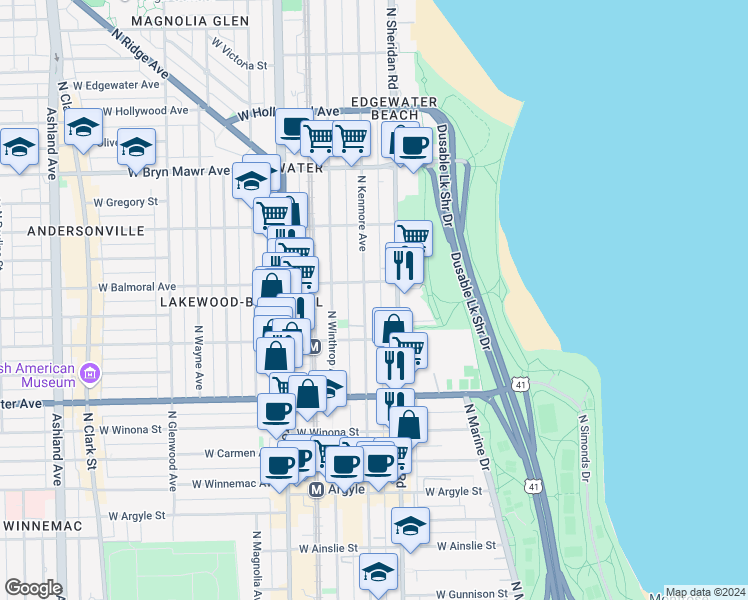 map of restaurants, bars, coffee shops, grocery stores, and more near 5341 North Kenmore Avenue in Chicago