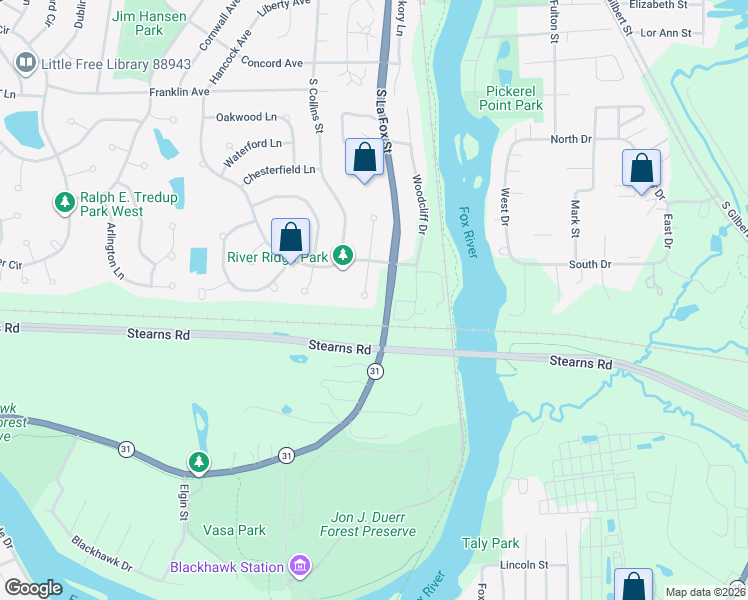 map of restaurants, bars, coffee shops, grocery stores, and more near 15 South Conway Court in South Elgin