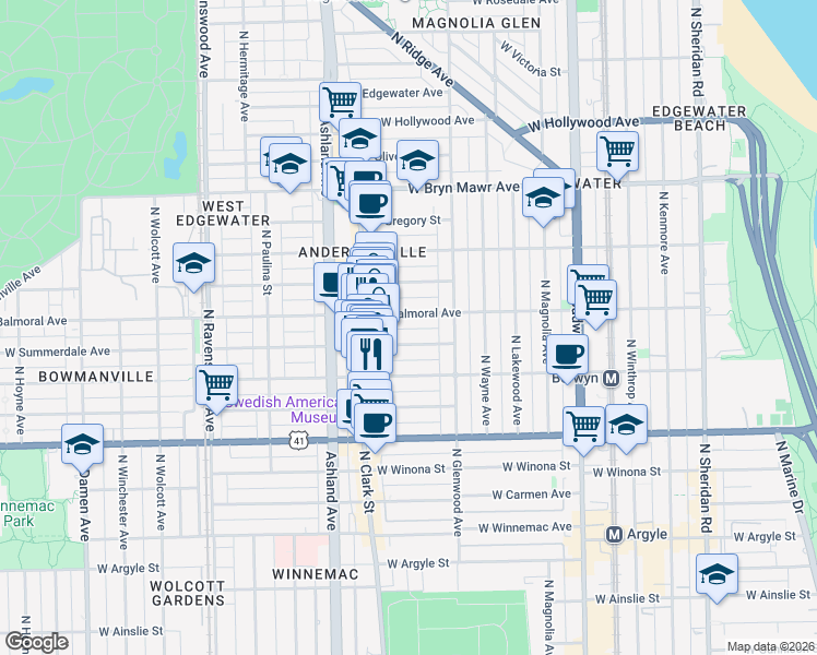 map of restaurants, bars, coffee shops, grocery stores, and more near 1426 West Berwyn Avenue in Chicago