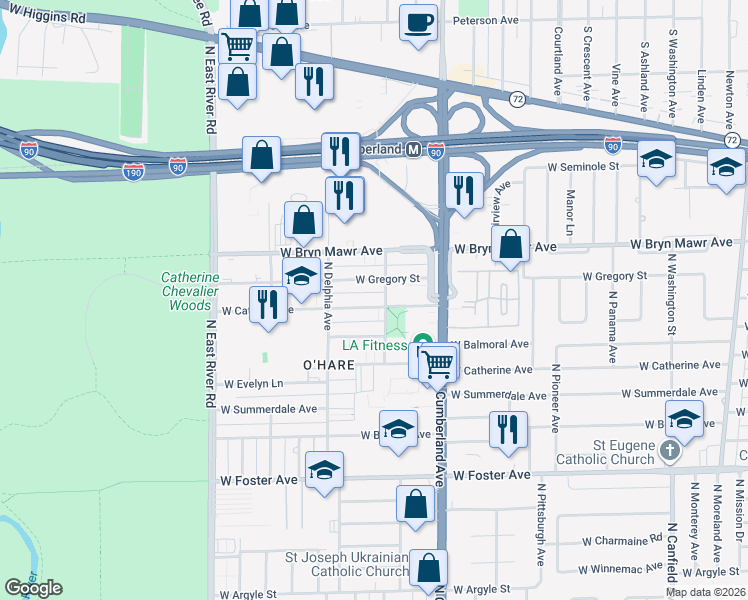 map of restaurants, bars, coffee shops, grocery stores, and more near 8525 West Catalpa Avenue in Chicago