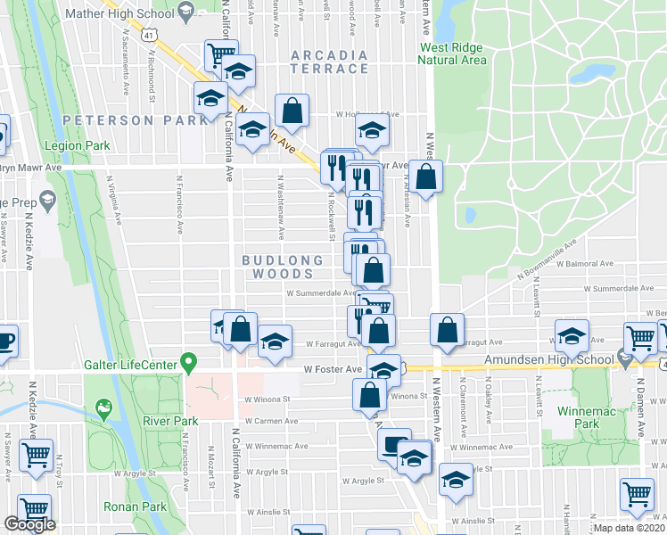 map of restaurants, bars, coffee shops, grocery stores, and more near North Rockwell Street & West Balmoral Avenue in Chicago