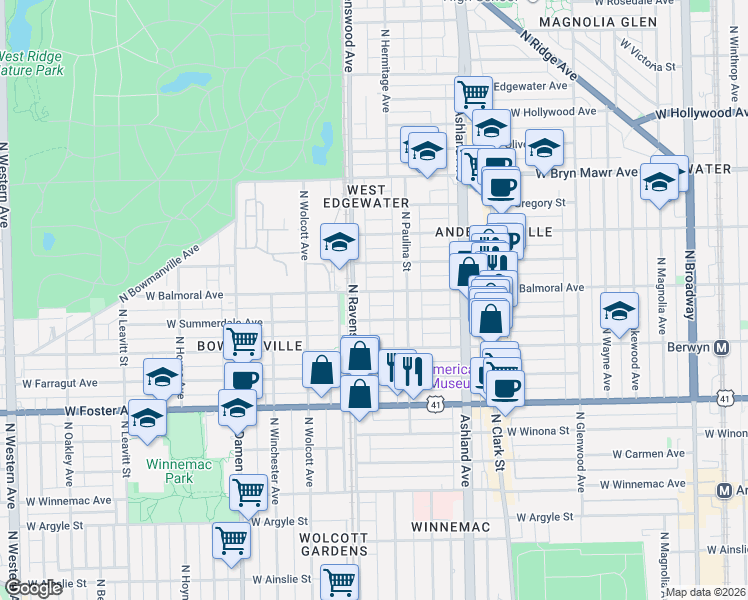map of restaurants, bars, coffee shops, grocery stores, and more near 1737 West Balmoral Avenue in Chicago
