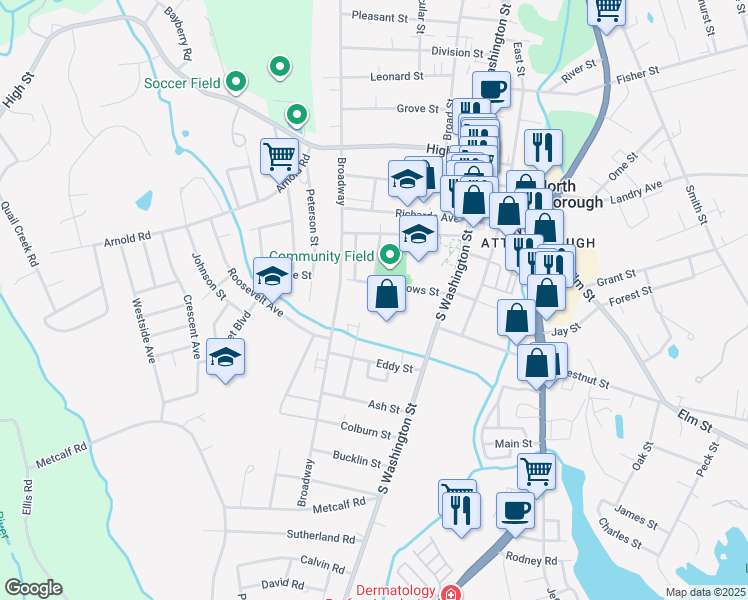 map of restaurants, bars, coffee shops, grocery stores, and more near 64 Avery Street in North Attleborough