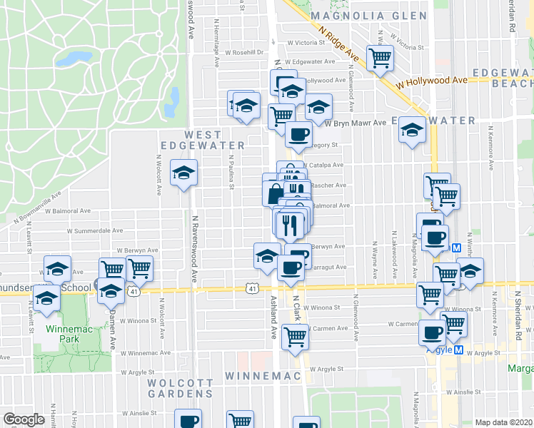 map of restaurants, bars, coffee shops, grocery stores, and more near 1620 West Summerdale Avenue in Chicago