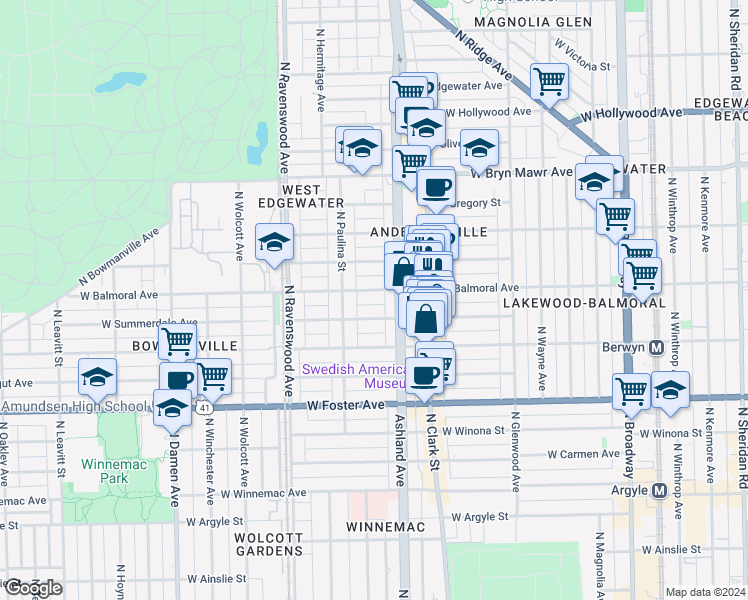 map of restaurants, bars, coffee shops, grocery stores, and more near 1620 West Summerdale Avenue in Chicago