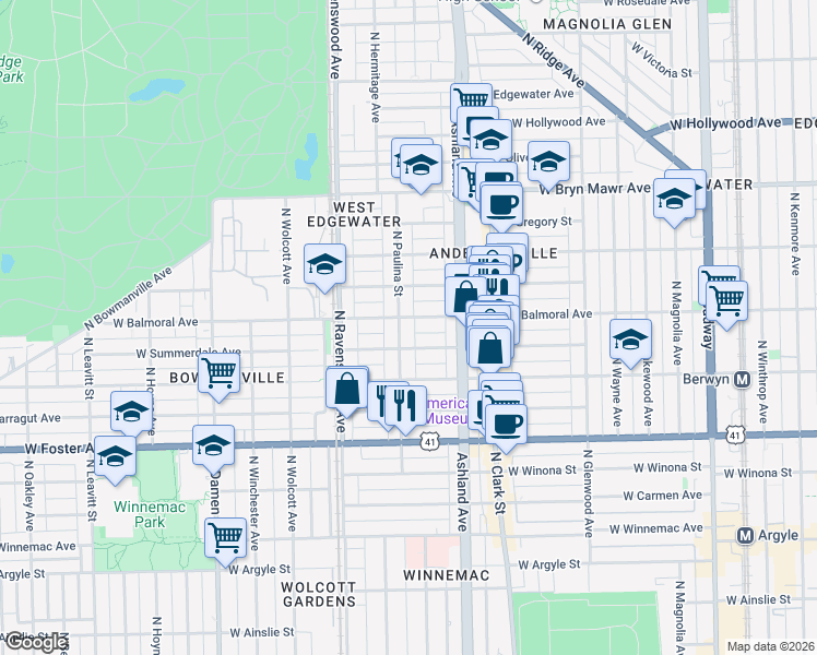 map of restaurants, bars, coffee shops, grocery stores, and more near 1656 West Summerdale Avenue in Chicago