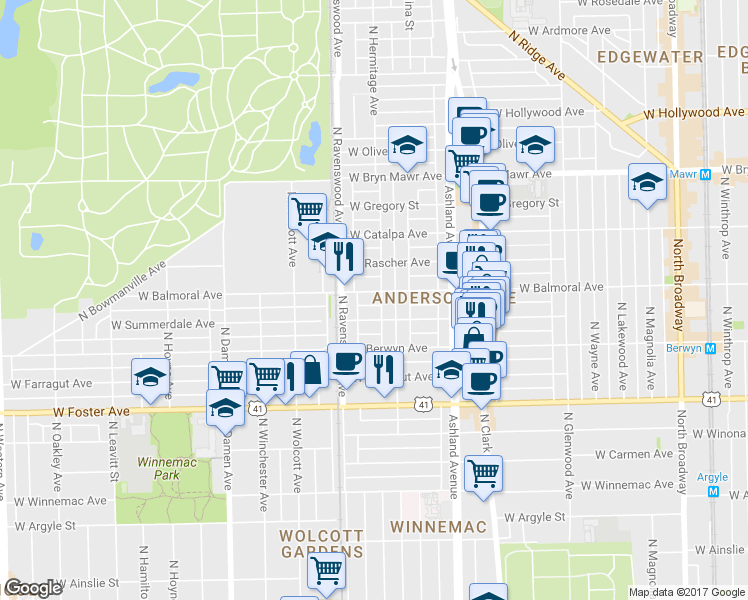 map of restaurants, bars, coffee shops, grocery stores, and more near 1734 West Summerdale Avenue in Chicago
