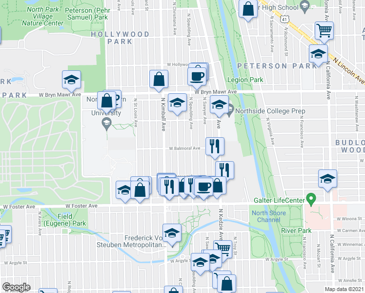 map of restaurants, bars, coffee shops, grocery stores, and more near 5348 North Christiana Avenue in Chicago
