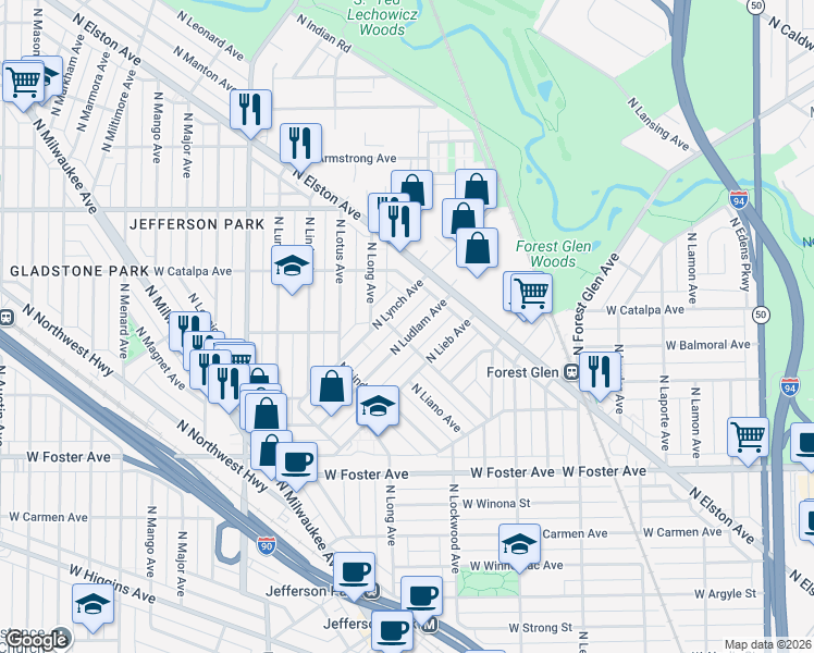 map of restaurants, bars, coffee shops, grocery stores, and more near 5280 North Larned Avenue in Chicago