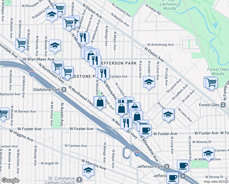 map of restaurants, bars, coffee shops, grocery stores, and more near 5390 North Milwaukee Avenue in Chicago