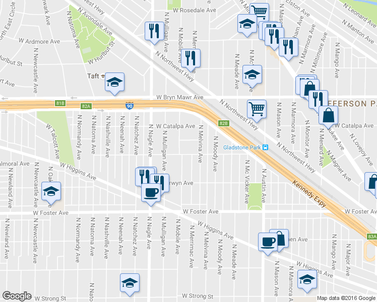 map of restaurants, bars, coffee shops, grocery stores, and more near 5351 North Mobile Avenue in Chicago