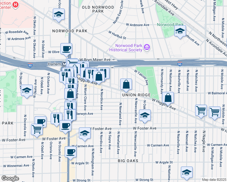 map of restaurants, bars, coffee shops, grocery stores, and more near 5403 North Sayre Avenue in Chicago