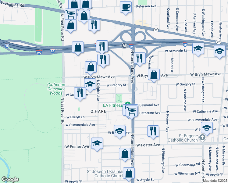 map of restaurants, bars, coffee shops, grocery stores, and more near 8525 West Catalpa Avenue in Chicago