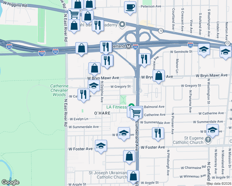 map of restaurants, bars, coffee shops, grocery stores, and more near 8525 West Catalpa Avenue in Chicago