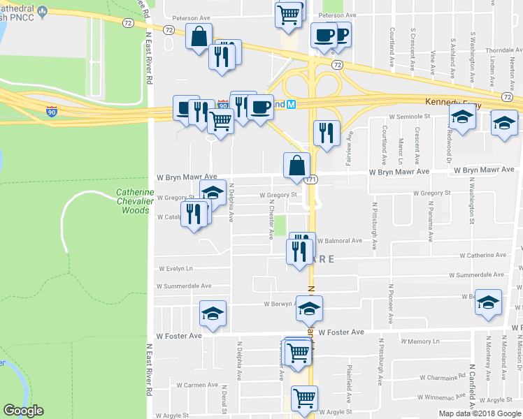 map of restaurants, bars, coffee shops, grocery stores, and more near 8525 West Catalpa Avenue in Chicago