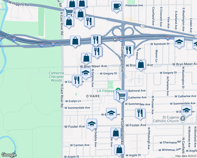 map of restaurants, bars, coffee shops, grocery stores, and more near 8525 West Catalpa Avenue in Chicago