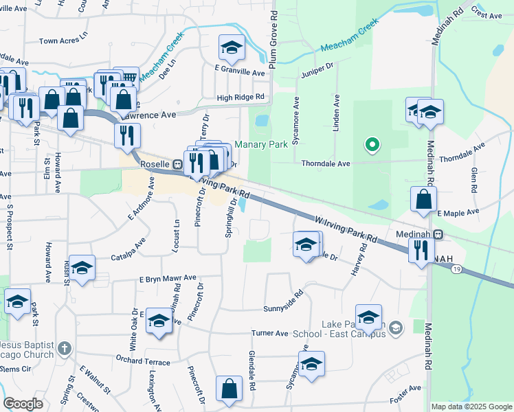 map of restaurants, bars, coffee shops, grocery stores, and more near 815 Illinois 19 in Roselle