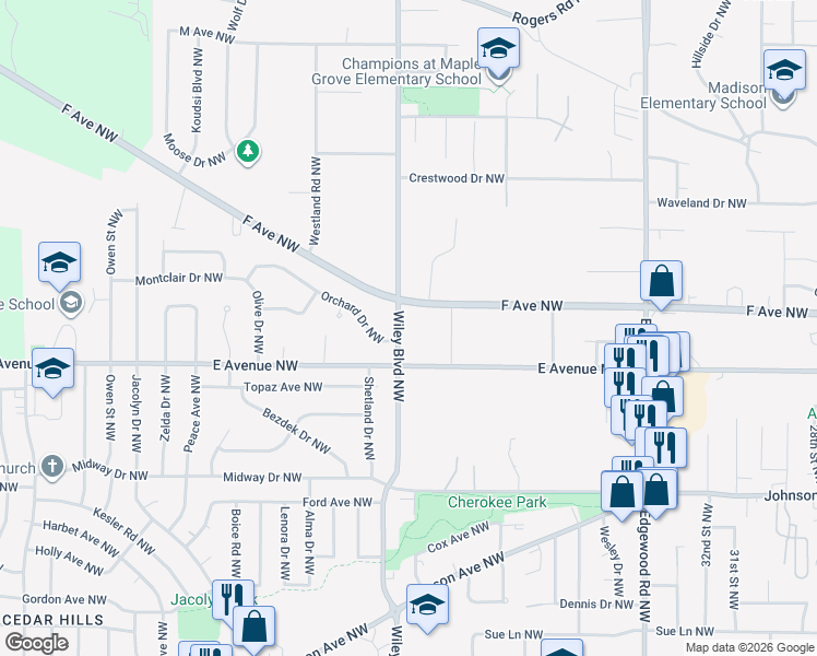 map of restaurants, bars, coffee shops, grocery stores, and more near 625 Wiley Blvd NW in Cedar Rapids
