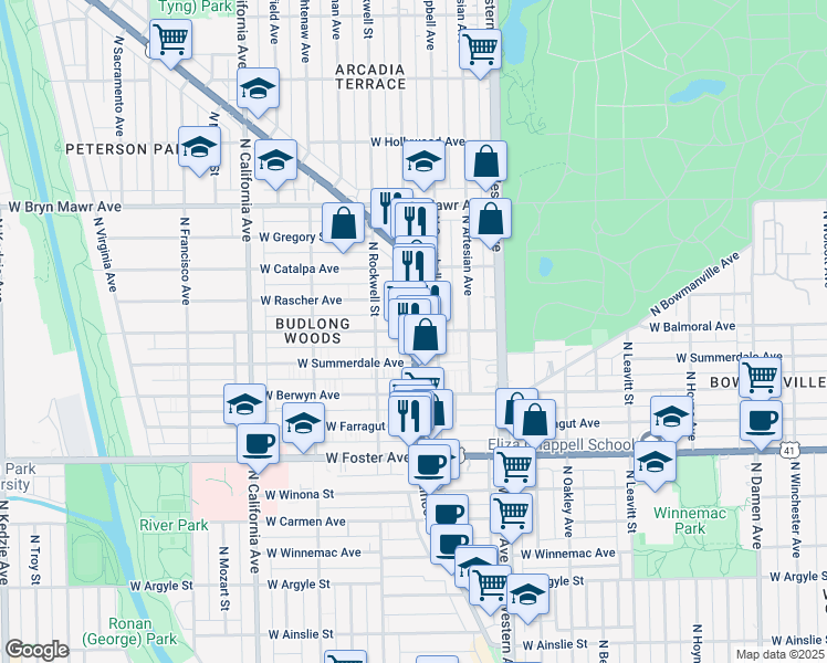 map of restaurants, bars, coffee shops, grocery stores, and more near N Lincoln Ave & W Balmoral Ave in Chicago
