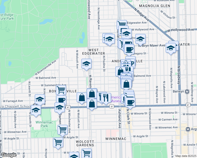 map of restaurants, bars, coffee shops, grocery stores, and more near 1723 West Balmoral Avenue in Chicago