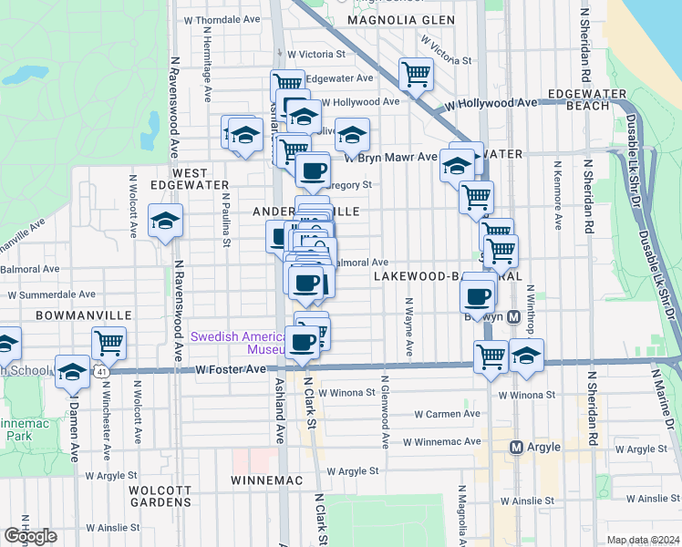 map of restaurants, bars, coffee shops, grocery stores, and more near 1447 West Balmoral Avenue in Chicago