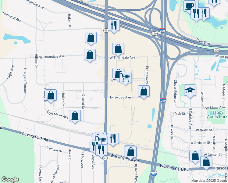 map of restaurants, bars, coffee shops, grocery stores, and more near 751 North Rohlwing Road in Itasca