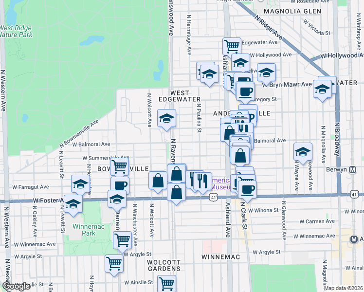 map of restaurants, bars, coffee shops, grocery stores, and more near 1737 West Balmoral Avenue in Chicago