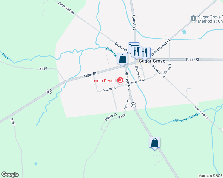map of restaurants, bars, coffee shops, grocery stores, and more near 112 Maple Street in Sugar Grove