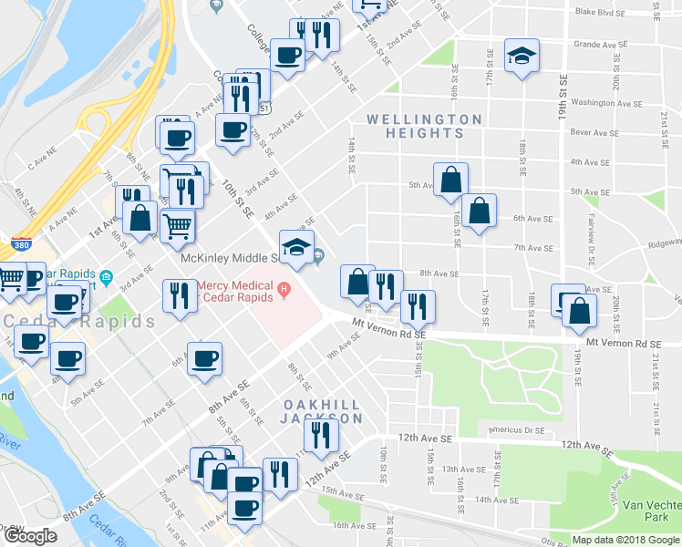 map of restaurants, bars, coffee shops, grocery stores, and more near 620 10th Street Southeast in Cedar Rapids