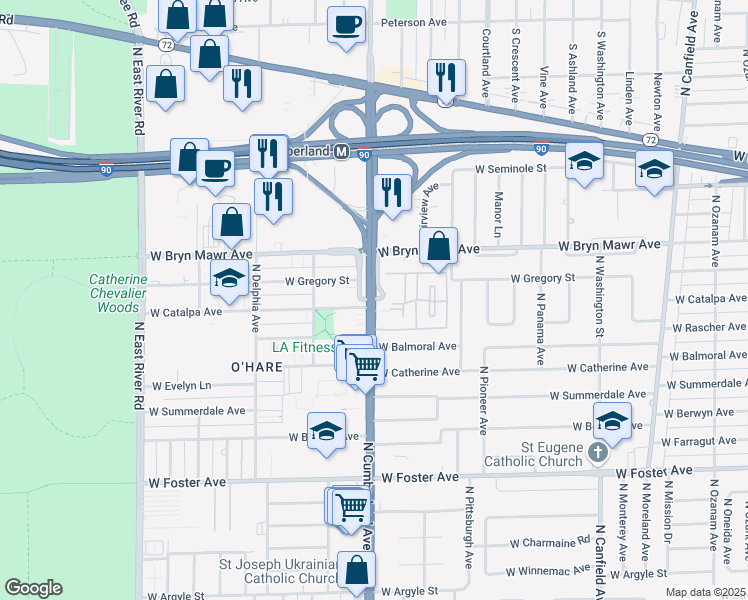 map of restaurants, bars, coffee shops, grocery stores, and more near 5505 North Cumberland Avenue in Chicago