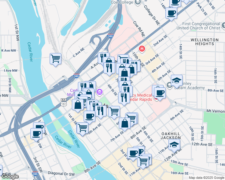 map of restaurants, bars, coffee shops, grocery stores, and more near 301 6th Street Southeast in Cedar Rapids