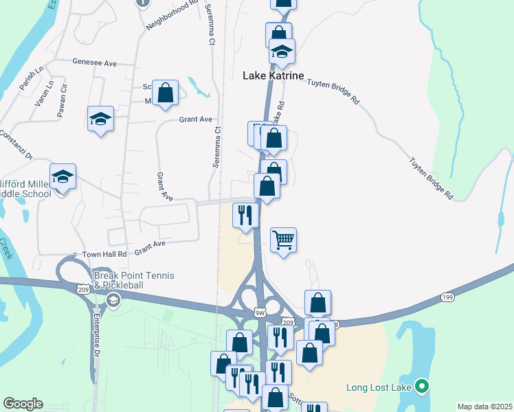 map of restaurants, bars, coffee shops, grocery stores, and more near 1718 North Route 9W in Lake Katrine
