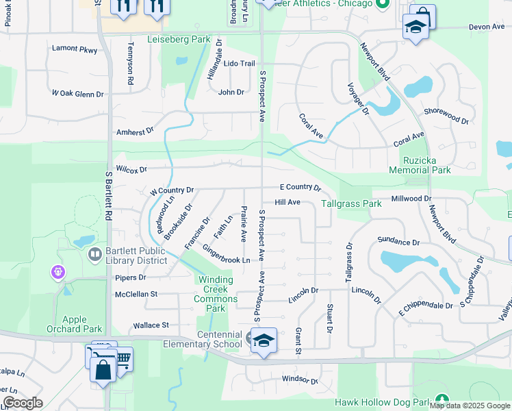 map of restaurants, bars, coffee shops, grocery stores, and more near 824 South Prospect Avenue in Bartlett