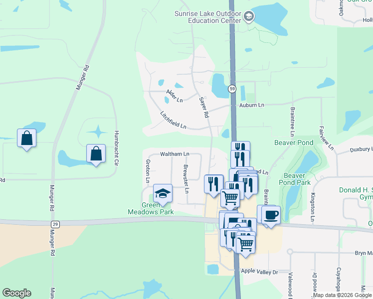 map of restaurants, bars, coffee shops, grocery stores, and more near 1195 Waltham Lane in Bartlett