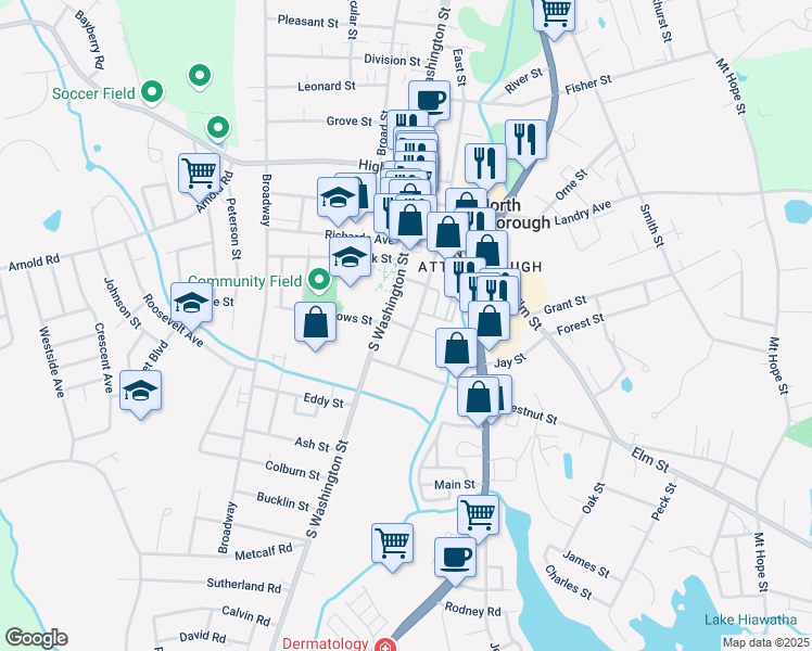 map of restaurants, bars, coffee shops, grocery stores, and more near 5th in North Attleborough