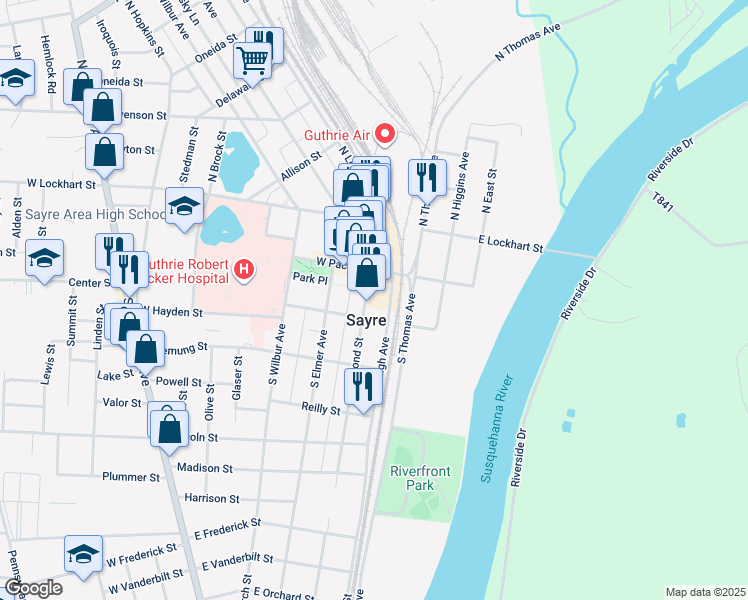 map of restaurants, bars, coffee shops, grocery stores, and more near in Sayre