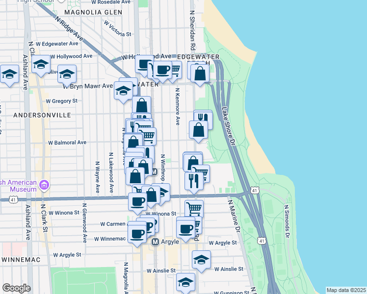 map of restaurants, bars, coffee shops, grocery stores, and more near 5320 North Sheridan Road in Chicago