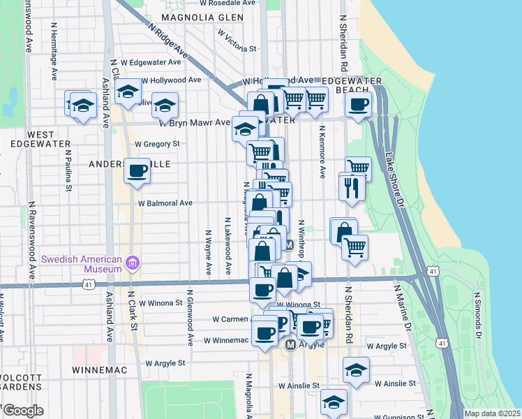 map of restaurants, bars, coffee shops, grocery stores, and more near 5343 North Broadway in Chicago