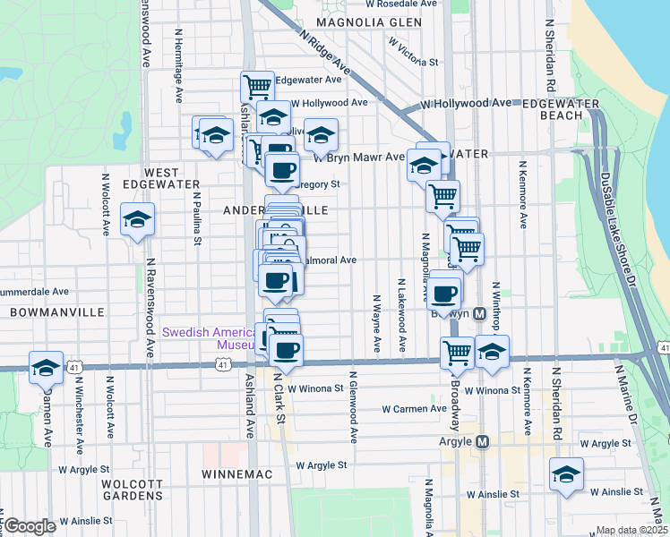 map of restaurants, bars, coffee shops, grocery stores, and more near 1426 West Berwyn Avenue in Chicago