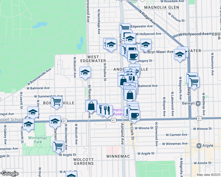 map of restaurants, bars, coffee shops, grocery stores, and more near 1656 West Summerdale Avenue in Chicago
