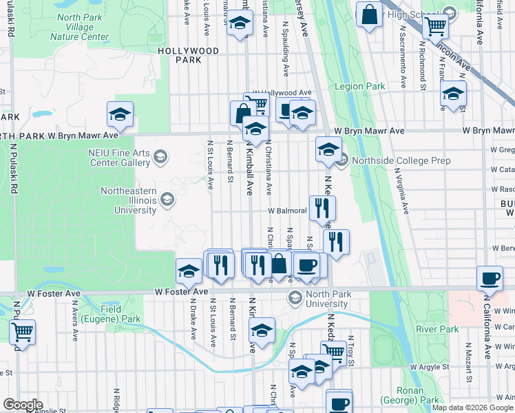map of restaurants, bars, coffee shops, grocery stores, and more near 5348 North Christiana Avenue in Chicago