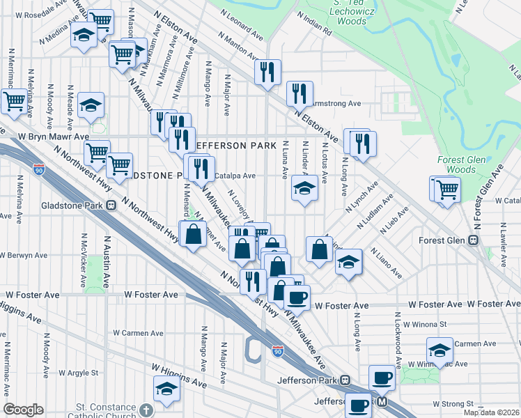 map of restaurants, bars, coffee shops, grocery stores, and more near 5355 North Central Avenue in Chicago