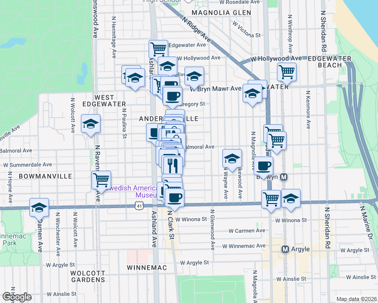 map of restaurants, bars, coffee shops, grocery stores, and more near 1426 West Berwyn Avenue in Chicago