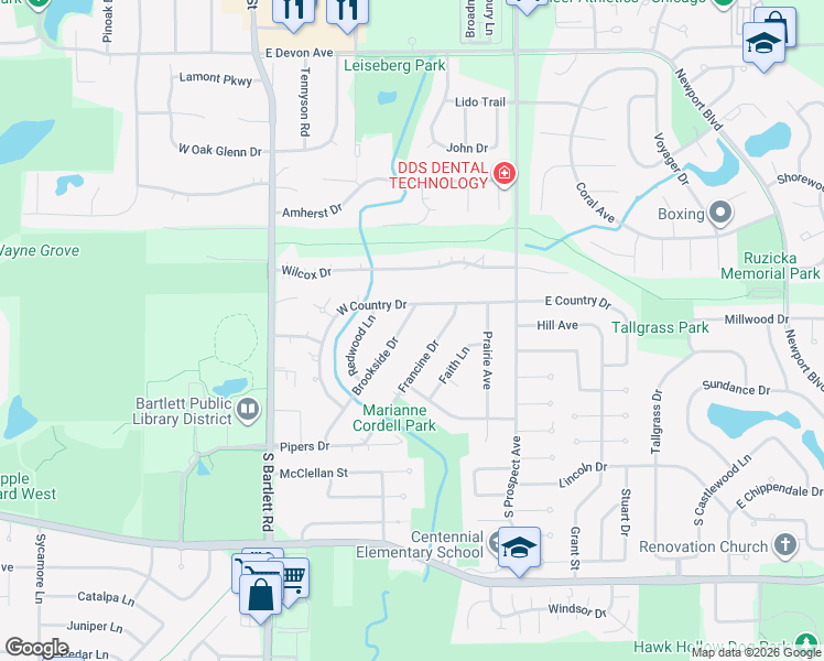 map of restaurants, bars, coffee shops, grocery stores, and more near 828 Francine Drive in Bartlett