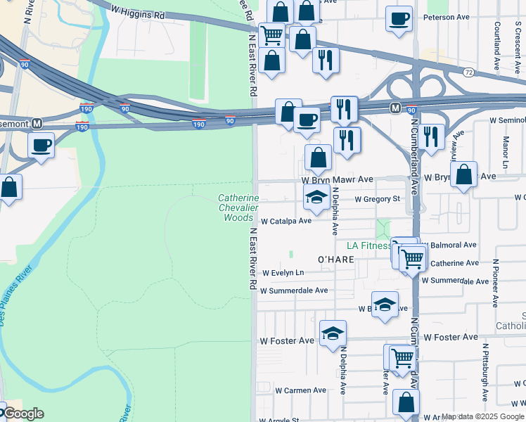 map of restaurants, bars, coffee shops, grocery stores, and more near 5515 North East River Road in Chicago