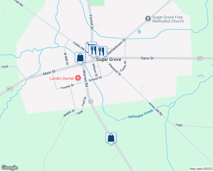 map of restaurants, bars, coffee shops, grocery stores, and more near 101 School Street in Sugar Grove