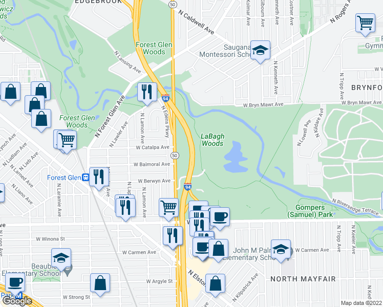 map of restaurants, bars, coffee shops, grocery stores, and more near Edens Expressway in Chicago