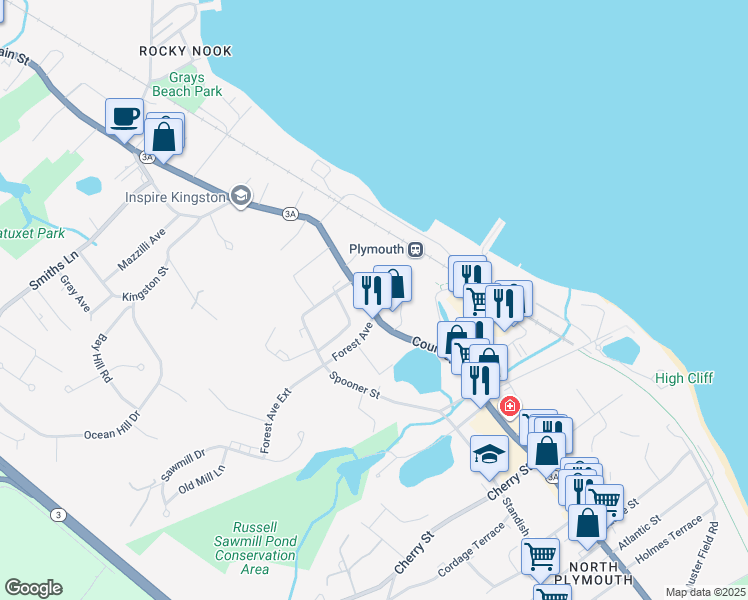 map of restaurants, bars, coffee shops, grocery stores, and more near 390 Court Street in Plymouth